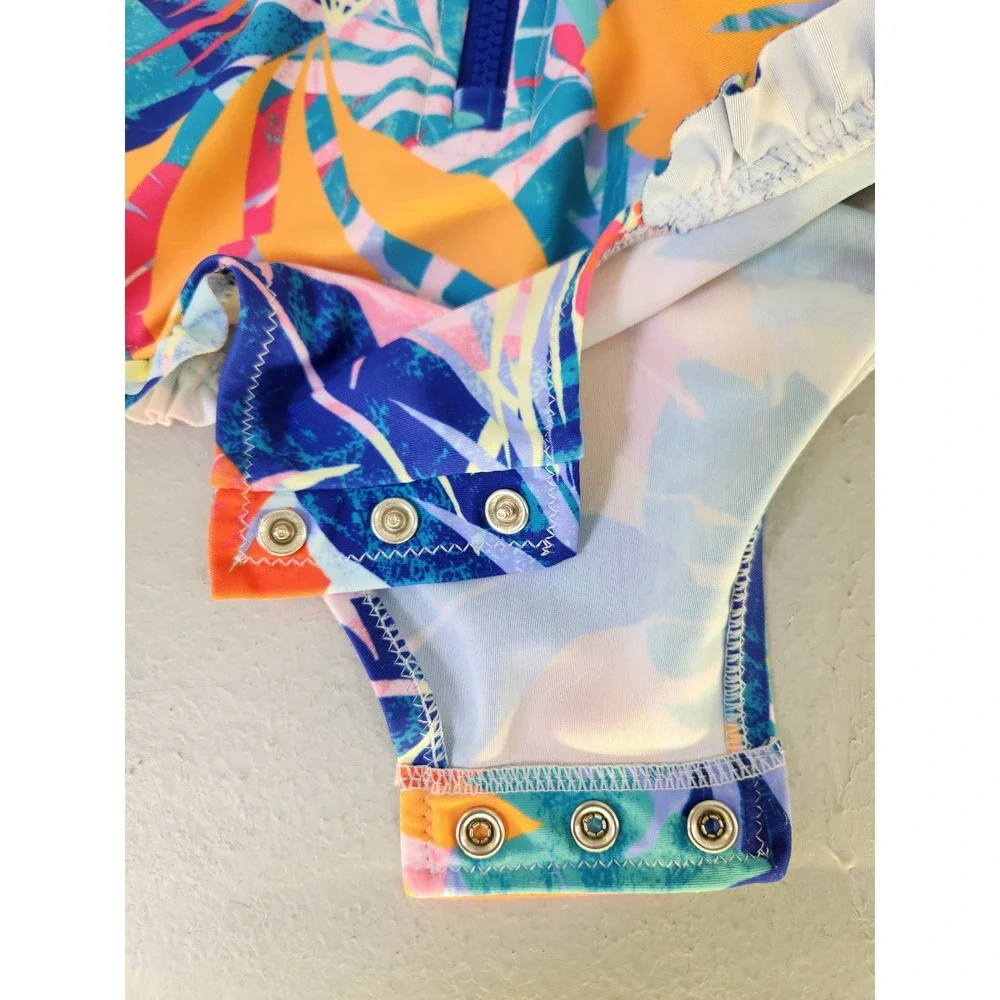 Old Navy Rash Guard Baby Girls 3-6M Tropical Print Bathing Suit Ruffle 1/4 Zip